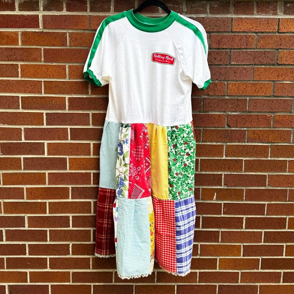 Handmade Reworked Vintage Ringer Rolling Rock T-Shirt Patchwork Dress M/L
